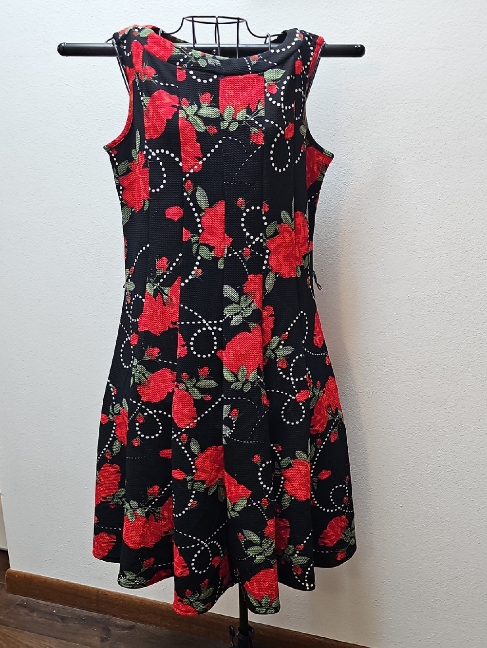 Womens Black Sleeveless Dress with Red Floral Print